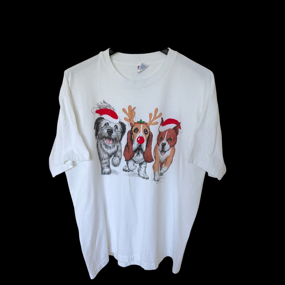 Vintage 1995 Hanes Christmas Dogs Double Sided‎ Tee White Global Impressions XL